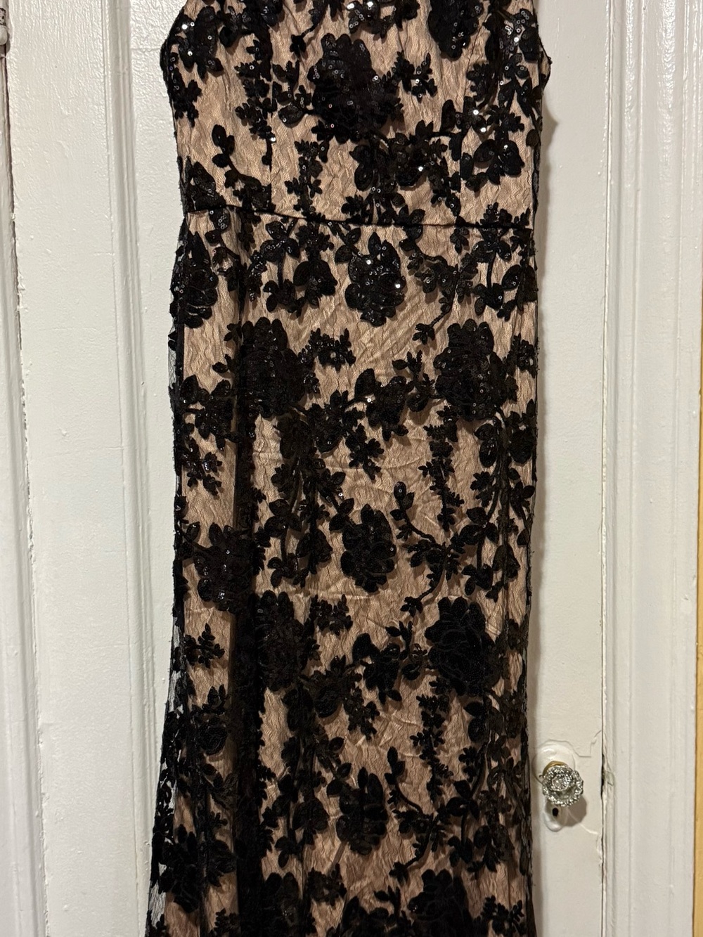 Vince Camuto Black Floral Lace Strapless Evening Gown on Nude